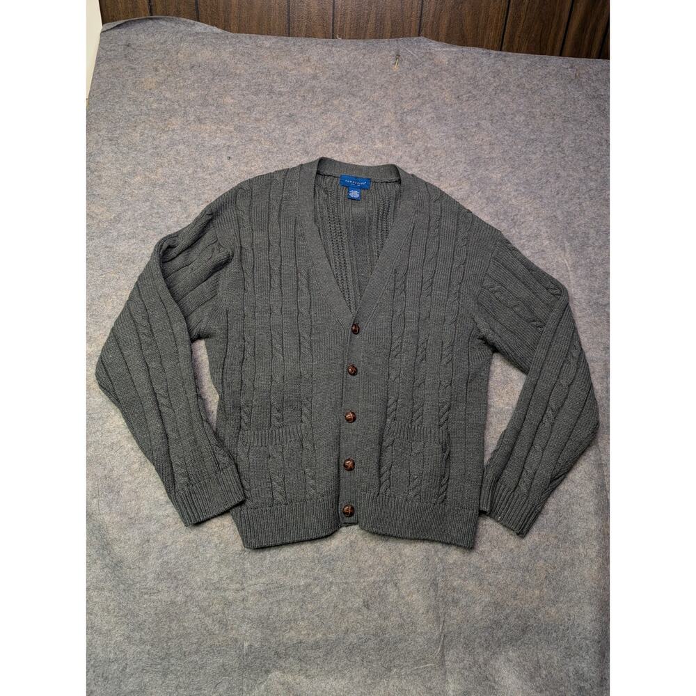 Vtg Towncraft Cardigan Sweater Cable Knit Button Up Blue Acrylic Mens Size XL